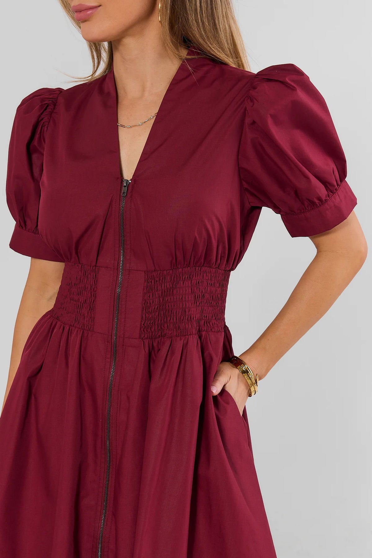 Maroon Smocked Waist Zip-Up Short Dress - Bodice Close-Up Detail | Avara