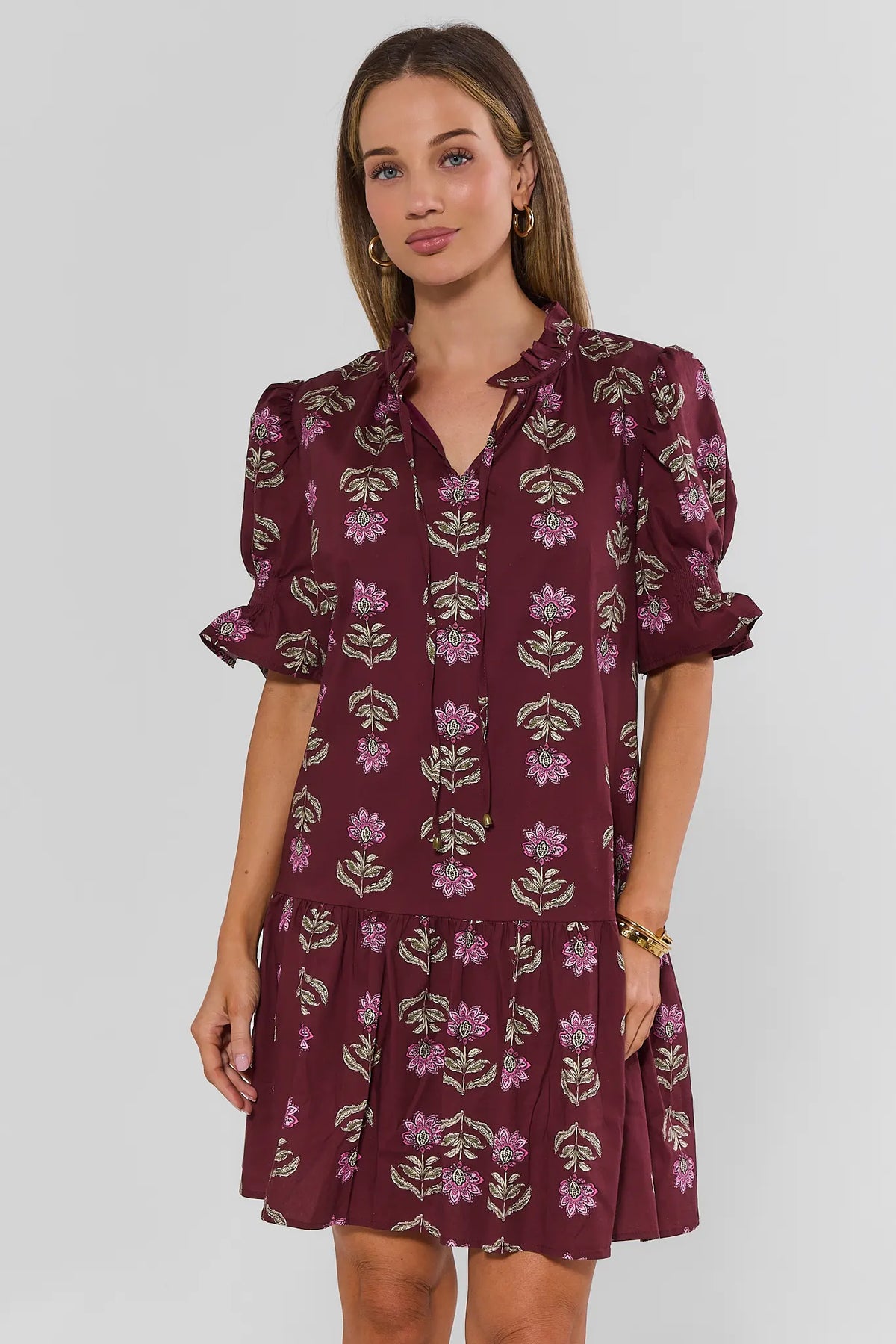 Burgundy Floral Print Short Dress - Front View On Model | Avara