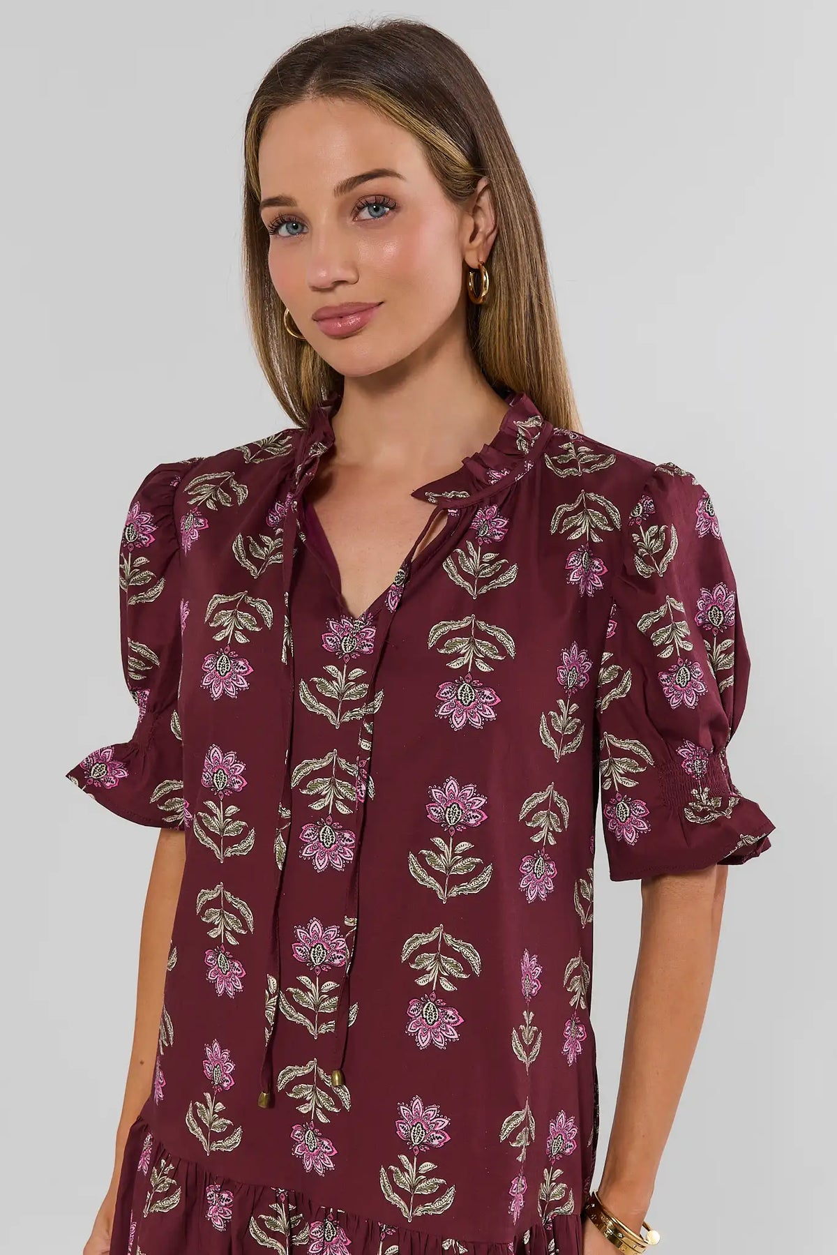 Burgundy Floral Print Short Dress - Ruffle Collar & Tie Neck Detail | Avara