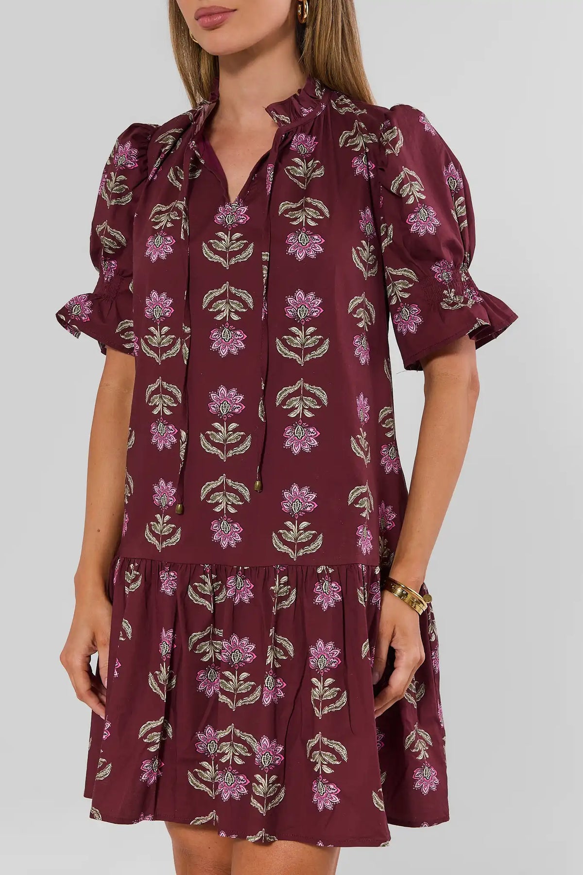 Burgundy Floral Print Tiered Short Dress - Front Full Length On Model | Avara