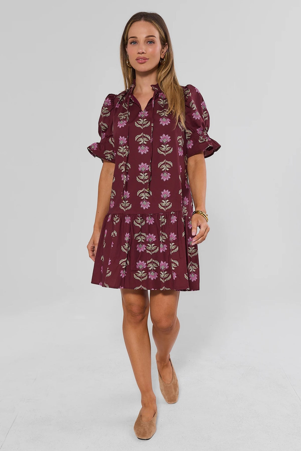 Burgundy Floral Print Short Dress - Full Length Back View On Model | Avara