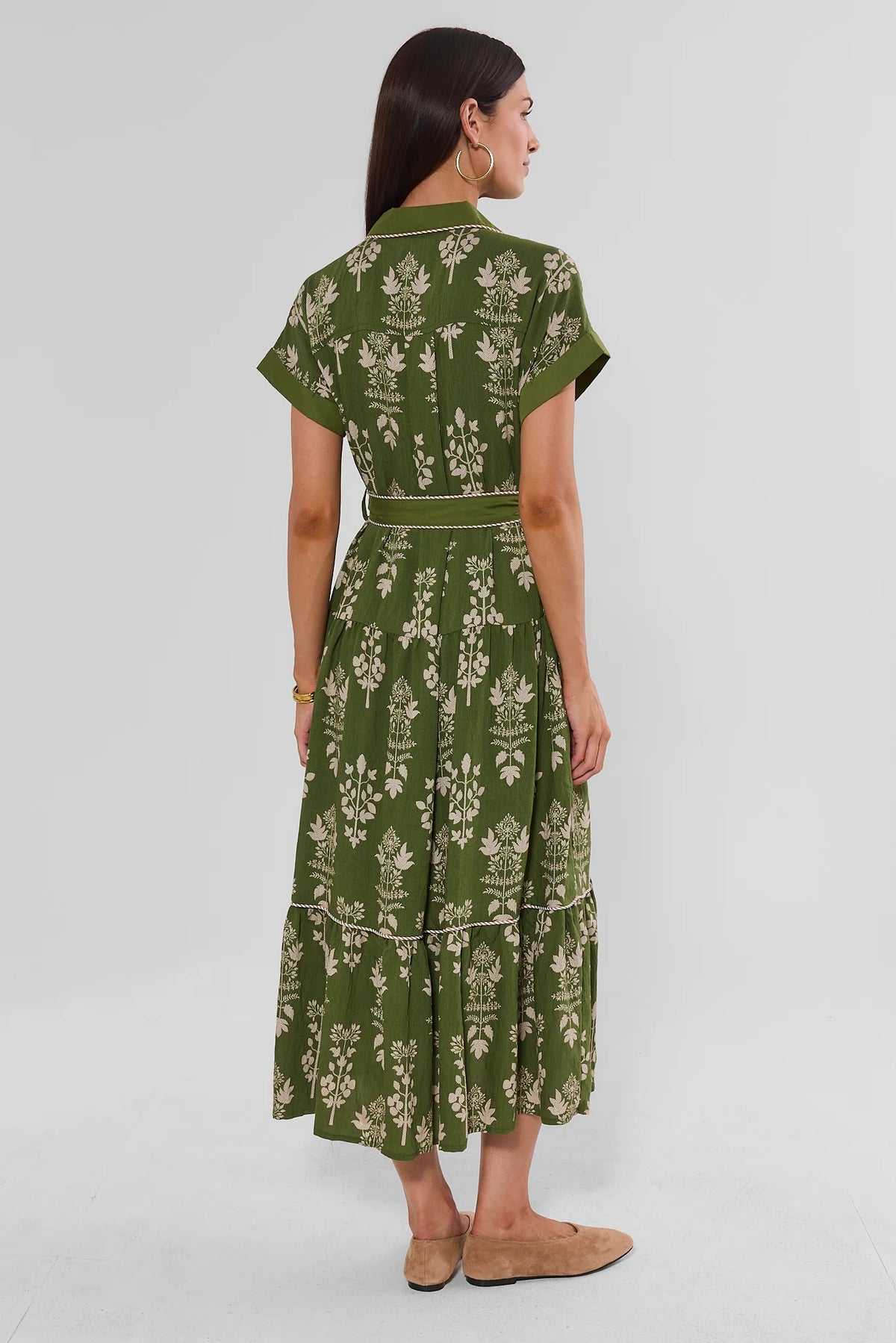 Green Botanical Print Shirtdress - On Model Side Angle, Midi Length | Avara