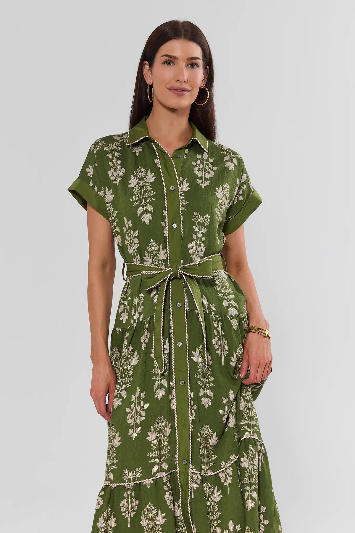 Green Floral Print Midi Dress with Contrast Piping & Self-Tie Belt - Front Crop View | Avara