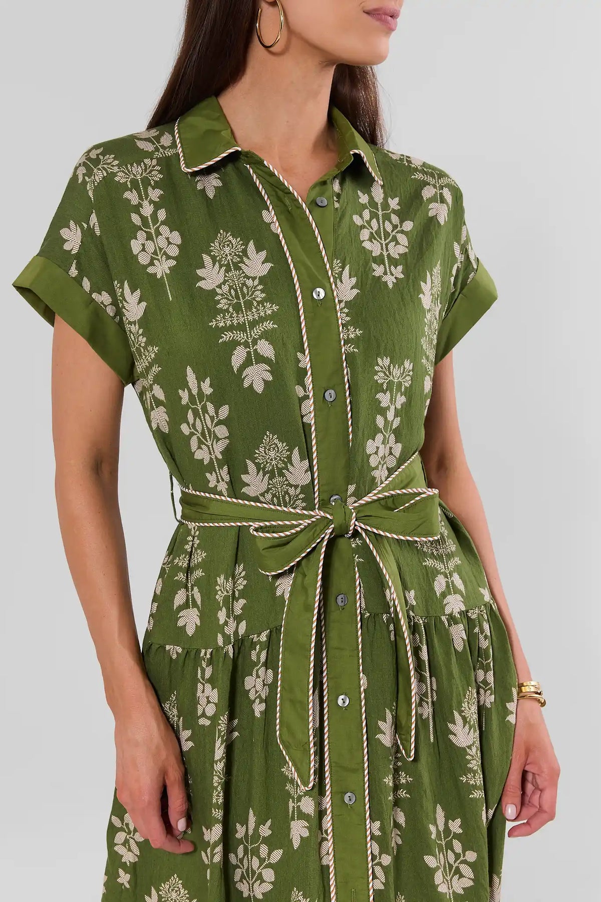 Cleo Green Printed Midi Dress - Rope Belt & Button Detail Close-Up | Avara