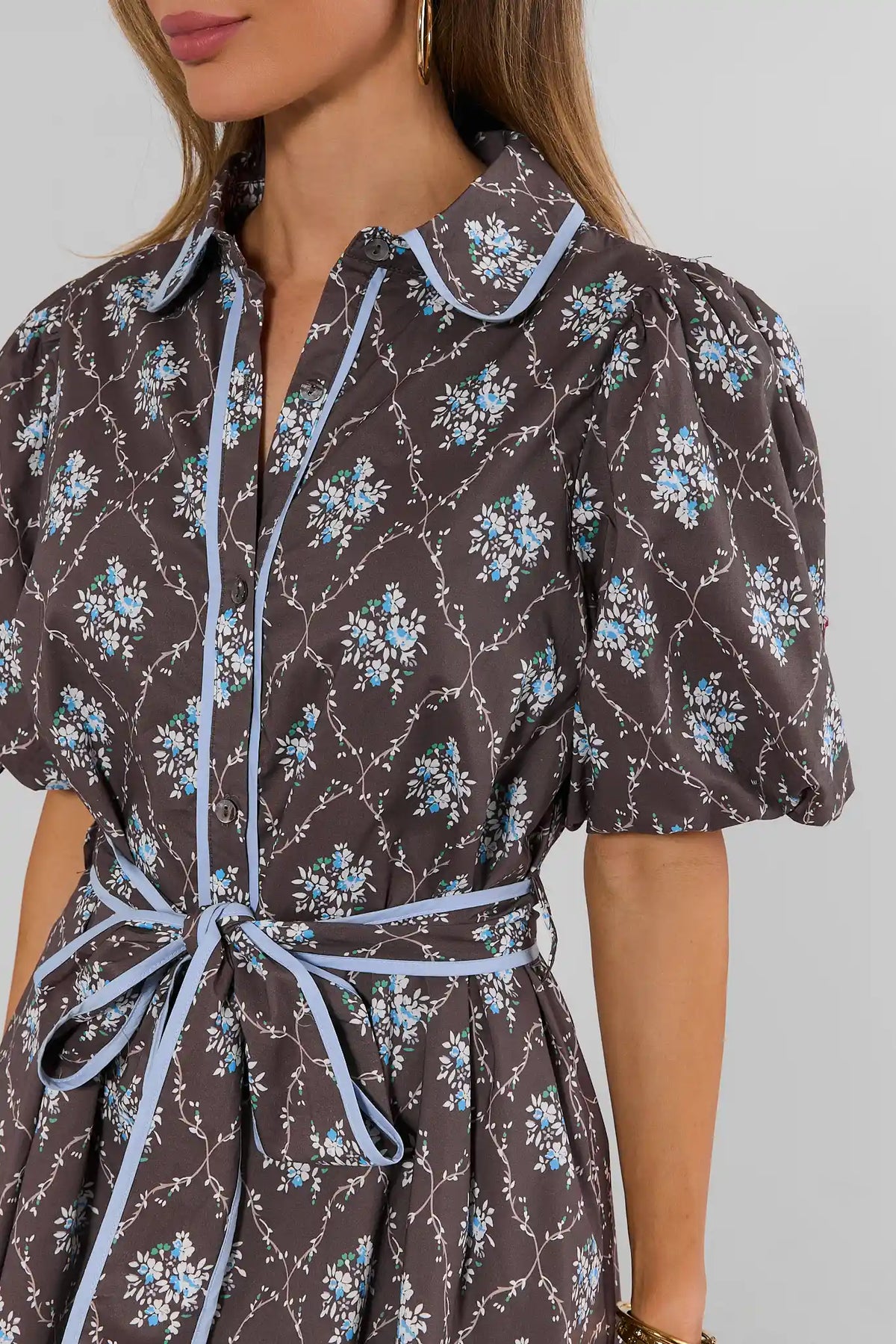 Brown Floral Print Short Dress Puff Sleeve and Tie Waist Close-Up Detail | Avara