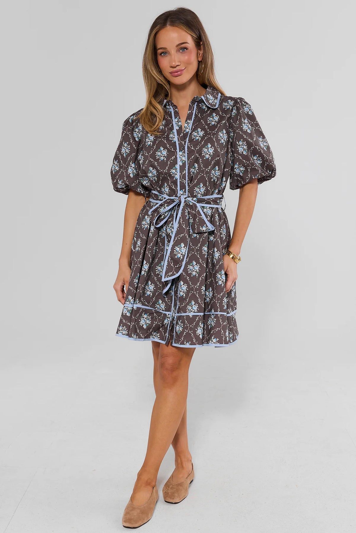 Brown Floral Print A-Line Short Dress with Puff Sleeves - Full Length Front On Model | Avara