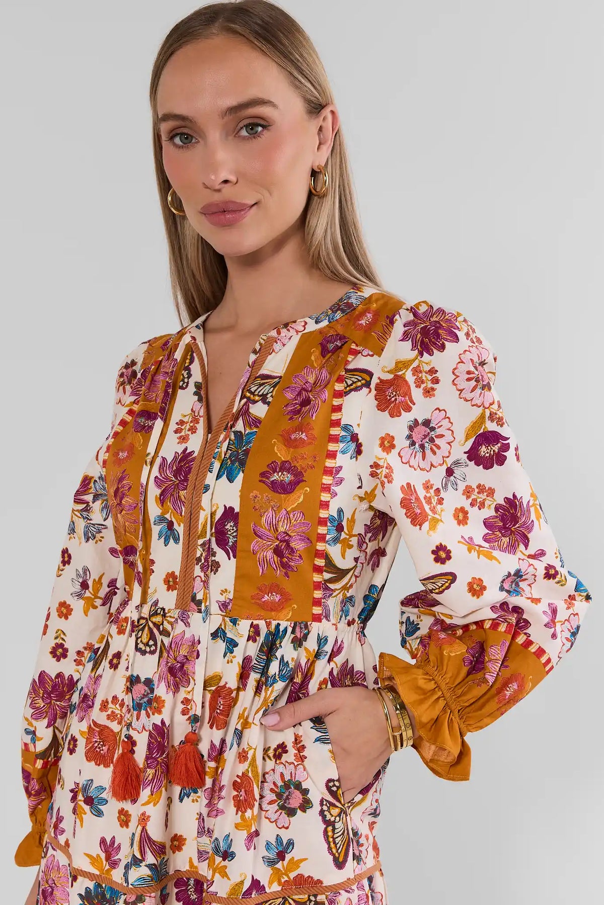 Ivory Floral Maxi Dress with Long Sleeves and Tassel Tie - Side Detail | Avara