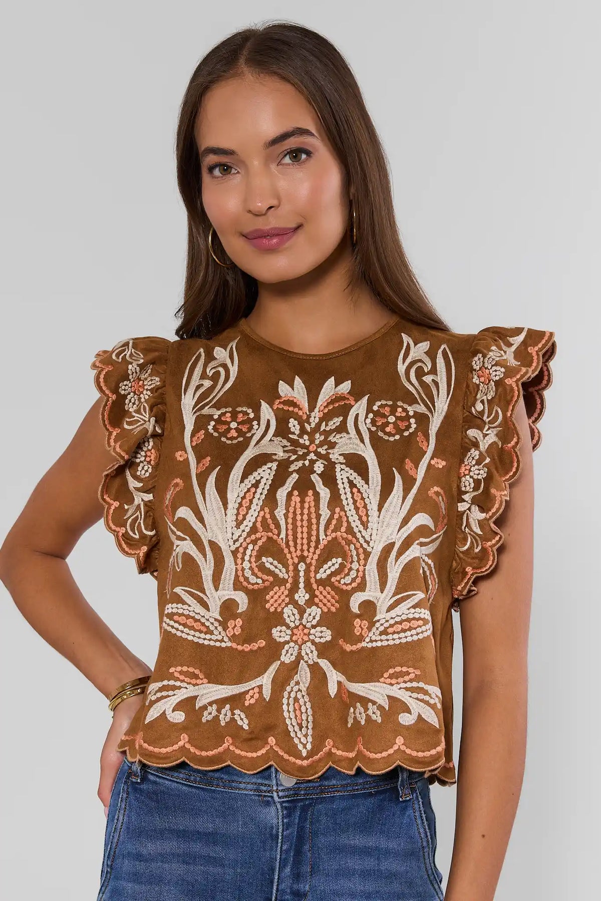 Brown Embroidered Faux Suede Top by THML - Front On Model with Wide-Leg Jeans | Avara