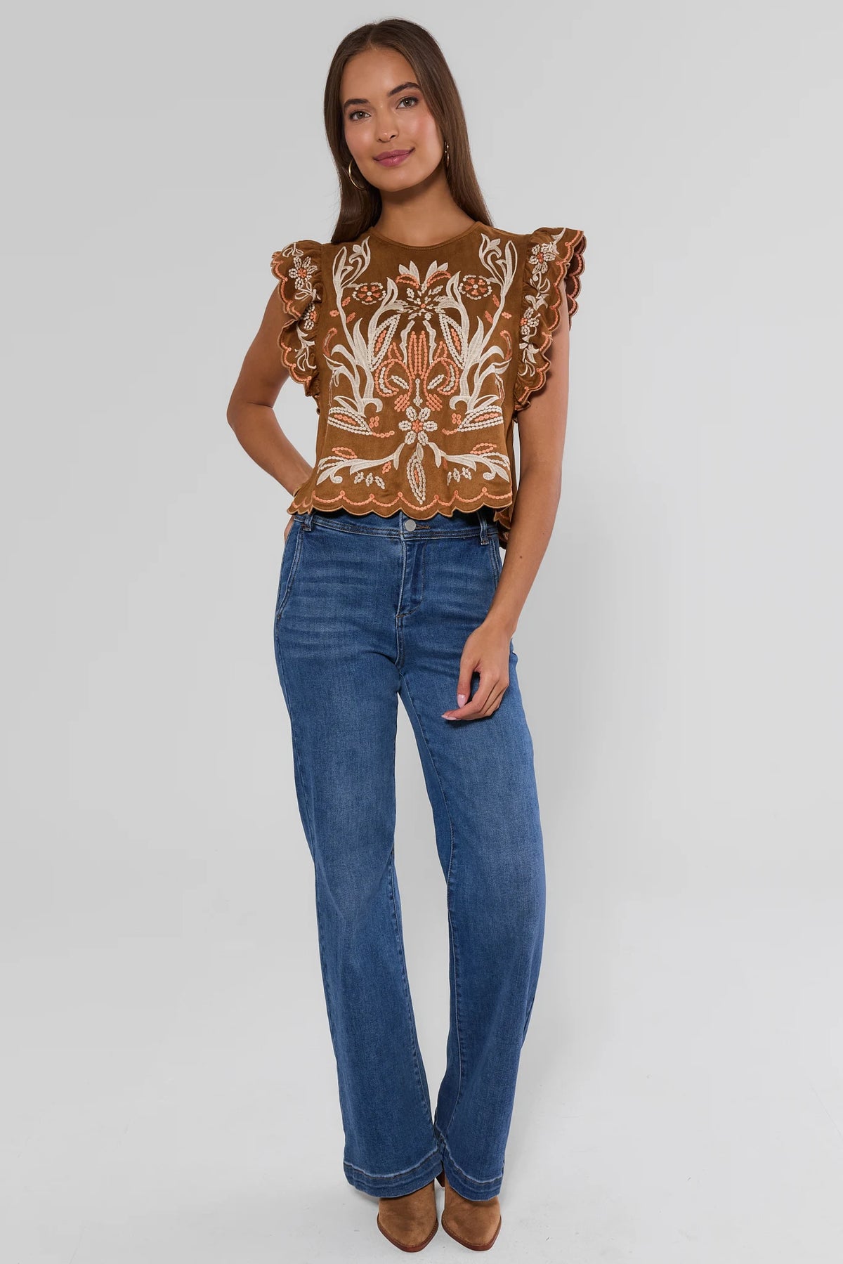 Brown Embroidered Top by THML - Full-Length Styled Look with Wide-Leg Jeans & Western Boots | Avara