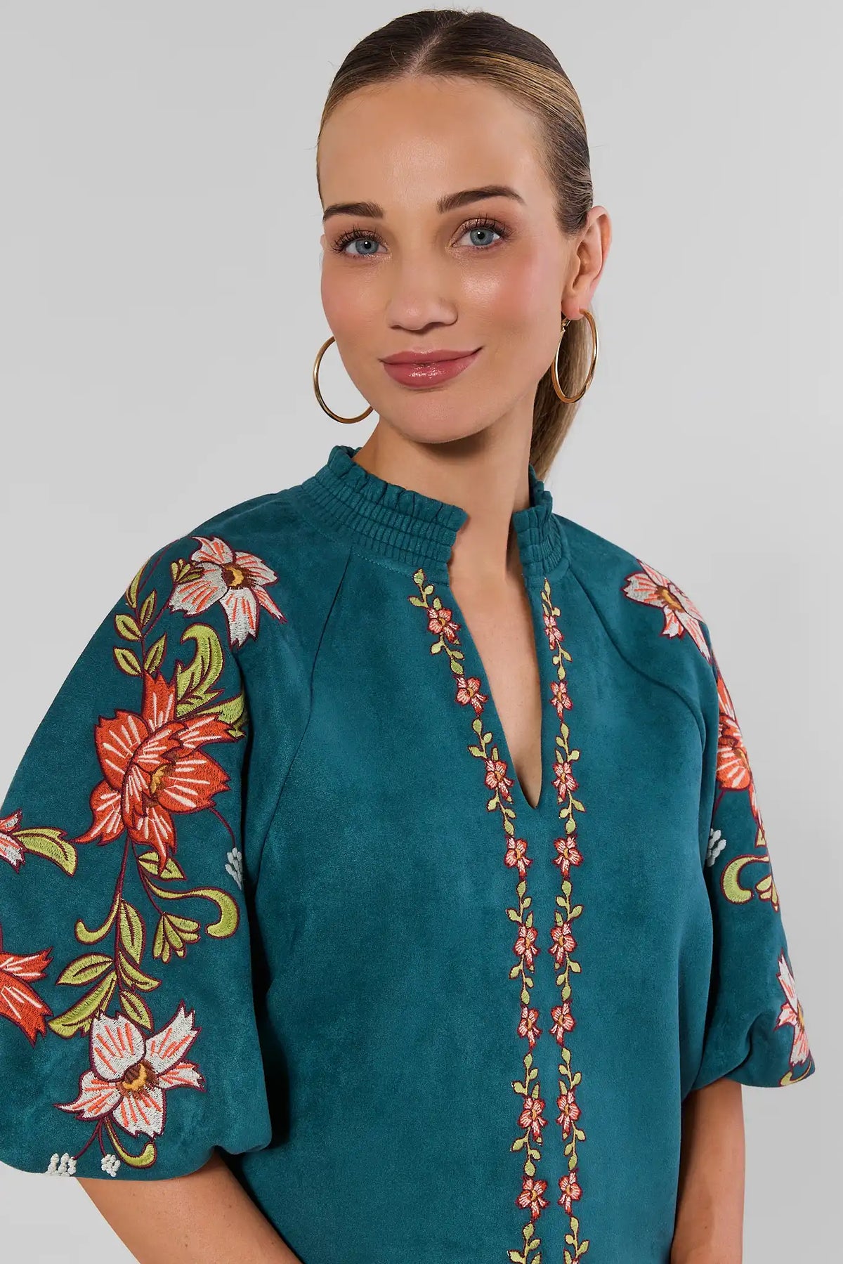 Teal Faux Suede Embroidered Top by THML - Side Angle Detail, Flutter Sleeves | Avara