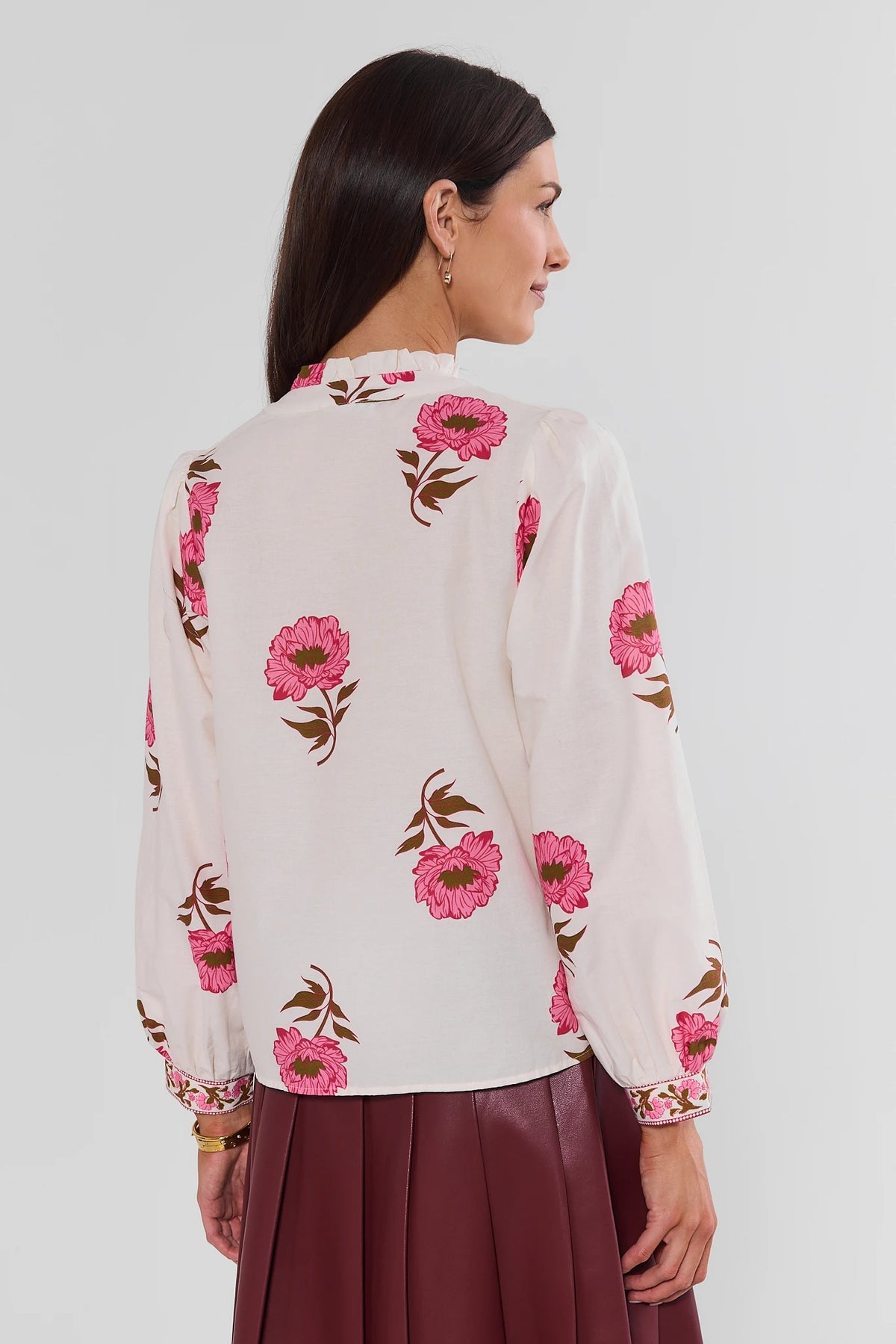 White Pink Floral Print Button-Up Top - Back View Showing Allover Print & Cuffs | Avara