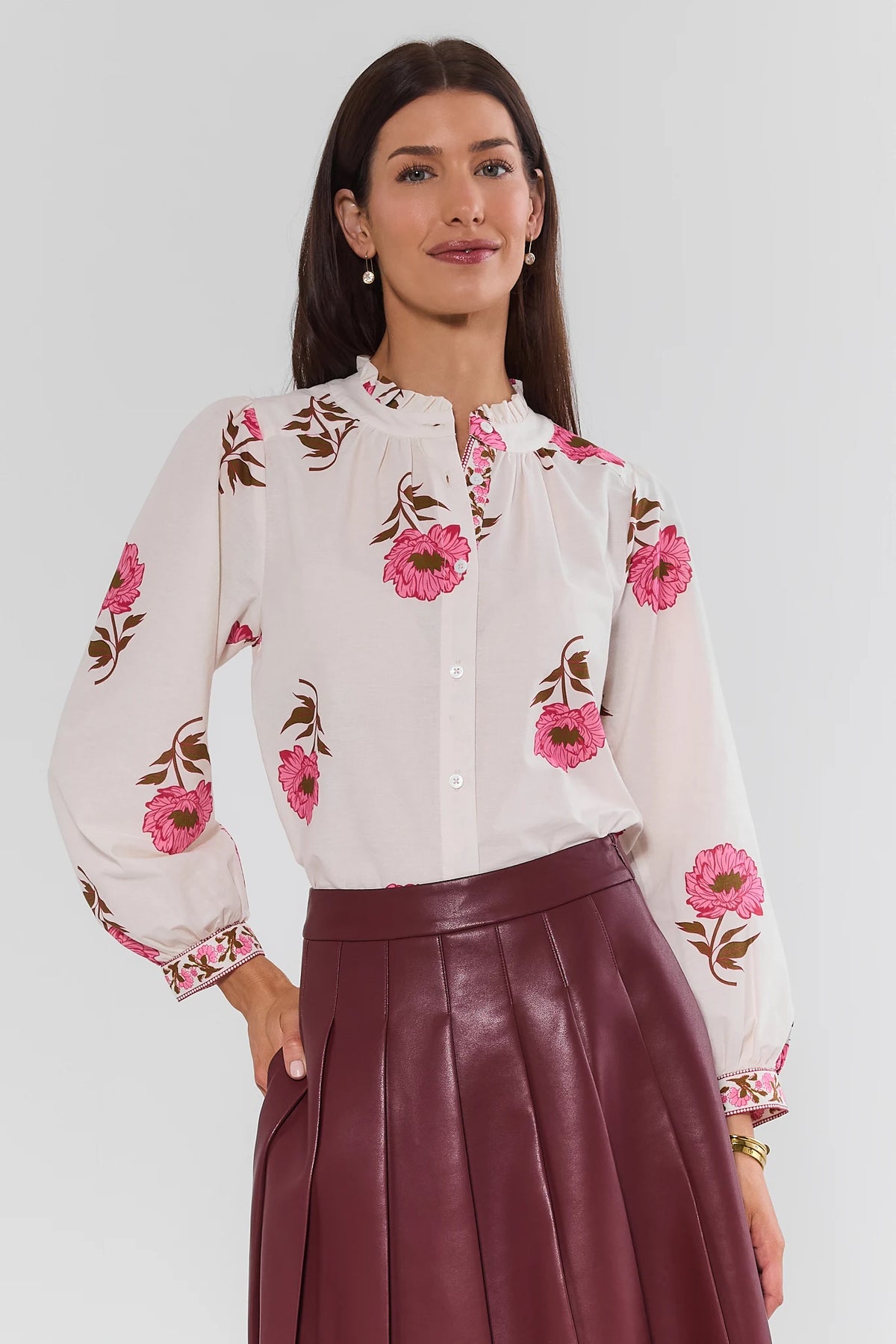 White Pink Floral Long Sleeve Top - Front View Styled with Burgundy Midi Skirt | Avara