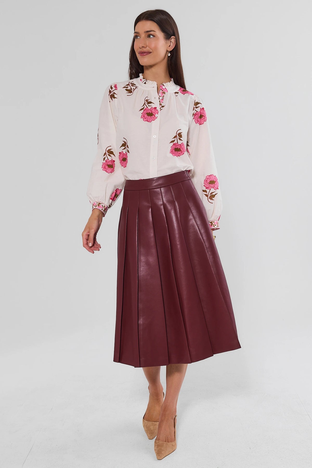 White Pink Floral Top for Women - Full-Length Styled Look with Pleated Midi Skirt | Avara