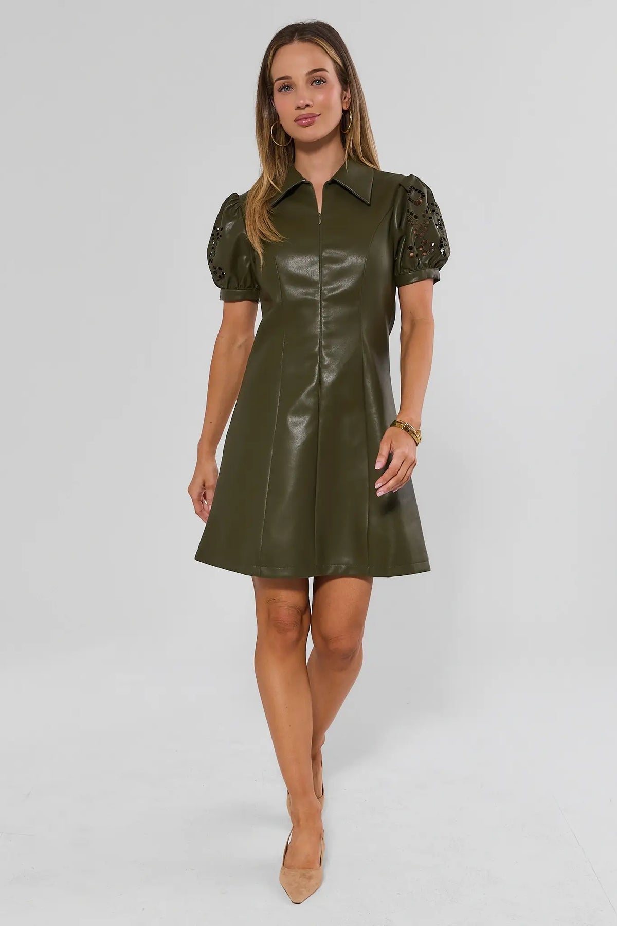 Green Faux Leather Short Dress - Full Length Front, Styled with Nude Heels | Avara