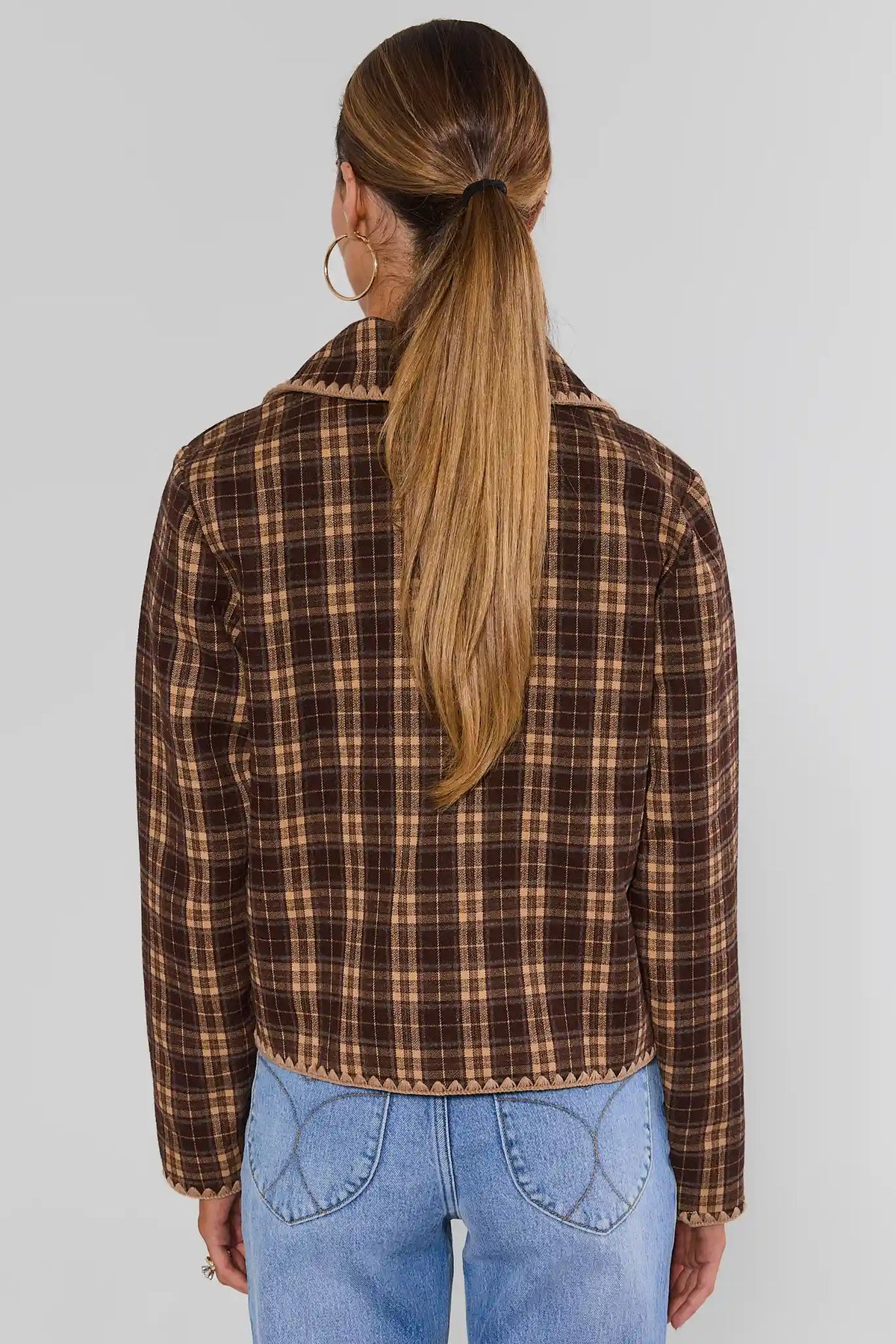 Brown Plaid Embroidered Trim Cropped Jacket - Back View On Model | Avara