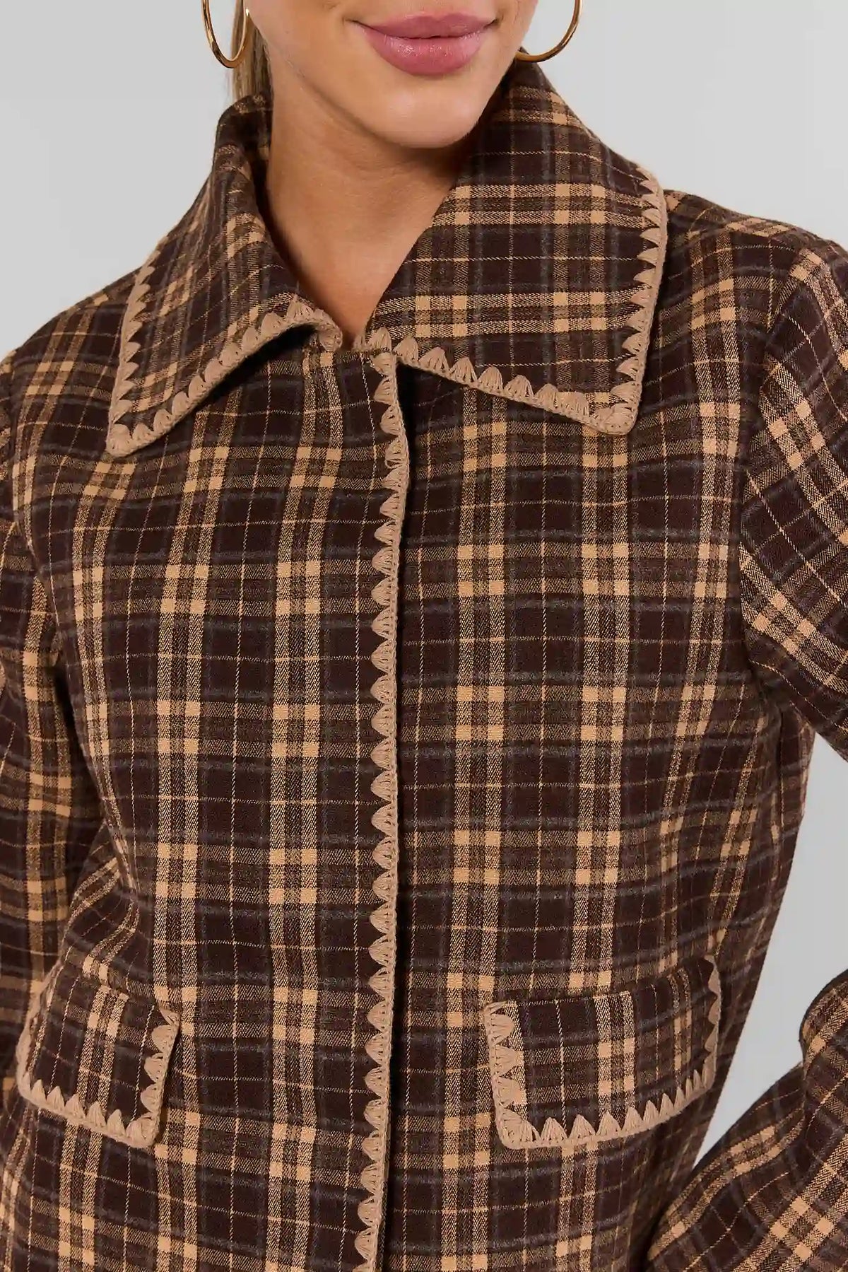 Brown Plaid Jacket Embroidered Collar and Pocket Detail - Close-Up | Avara