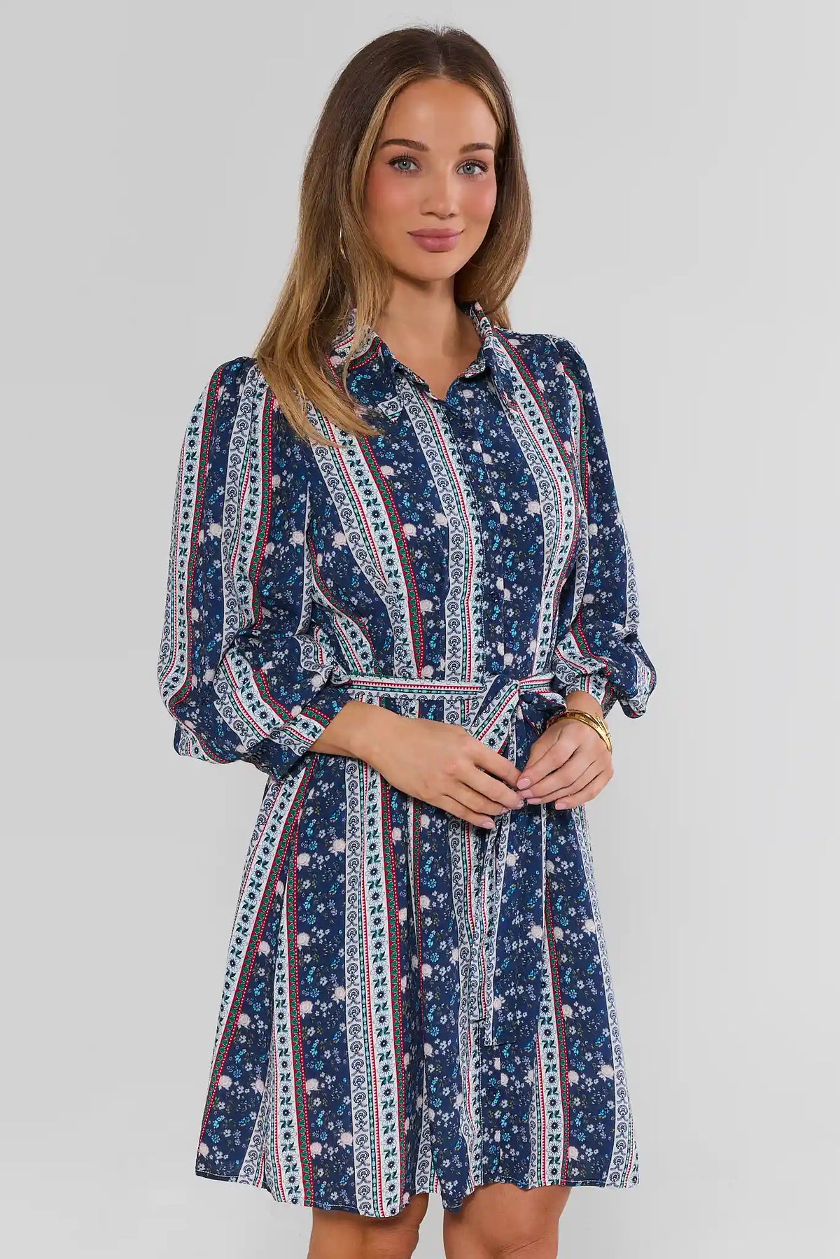 Navy Floral Print Collared Short Dress - Front View On Model | Avara