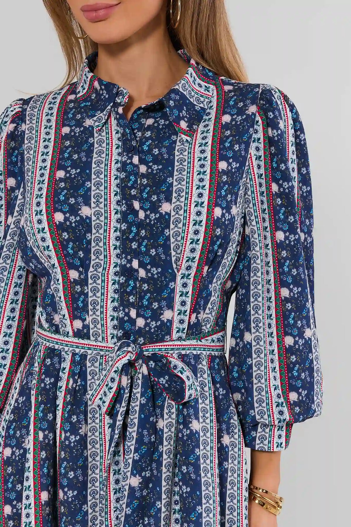 Navy Floral Print Collared Dress - Collar and Tie Waist Detail | Avara