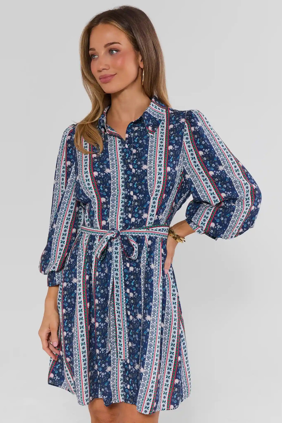 Navy Floral Print Collared Short Dress - Front Angle On Model | Avara