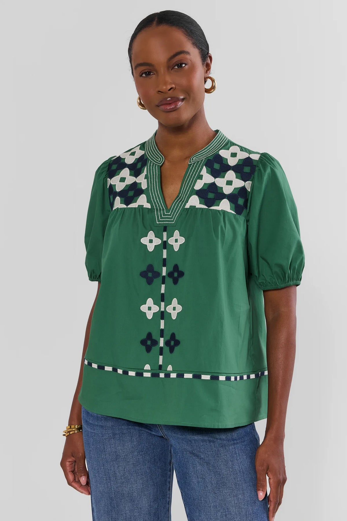 Green Contrast Embroidery Split Neck Top - Front View On Model | Avara