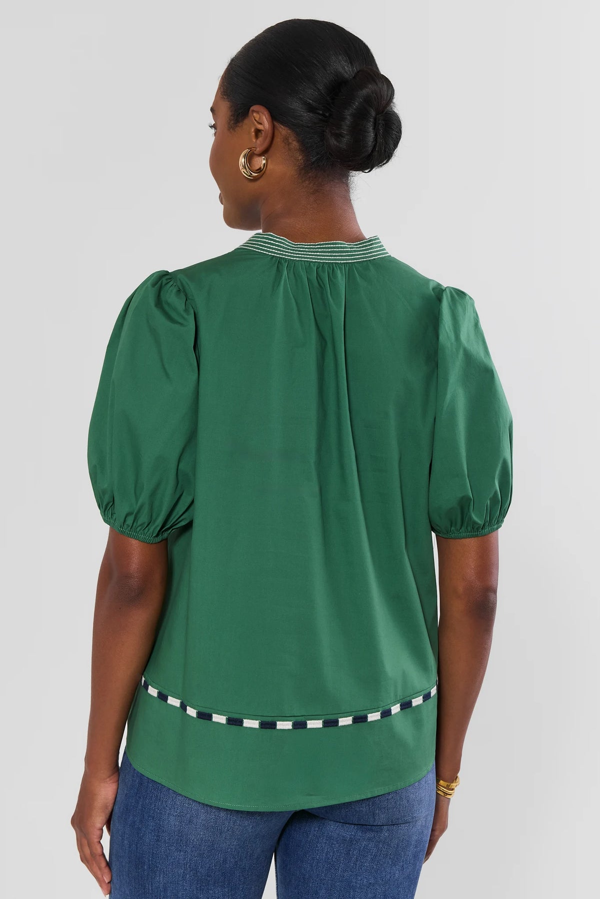Green Embroidered Split Neck Top - Back View with Contrast Hem Trim | Avara