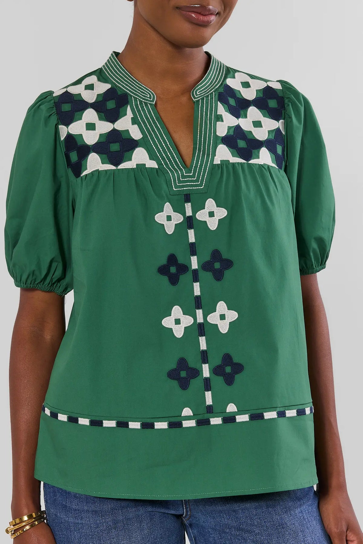 Green Embroidered Split Neck Top - Front Torso Detail with Puff Sleeves | Avara