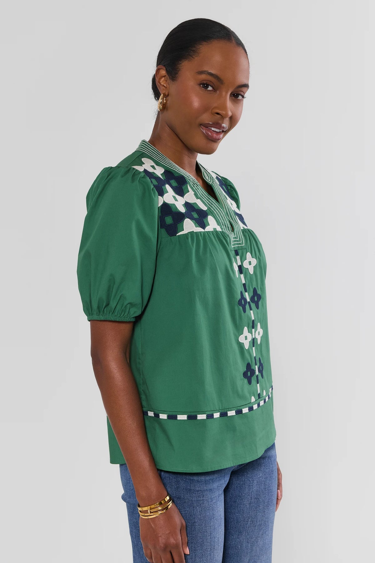 Green Contrast Embroidery Split Neck Top - Side Profile View On Model | Avara