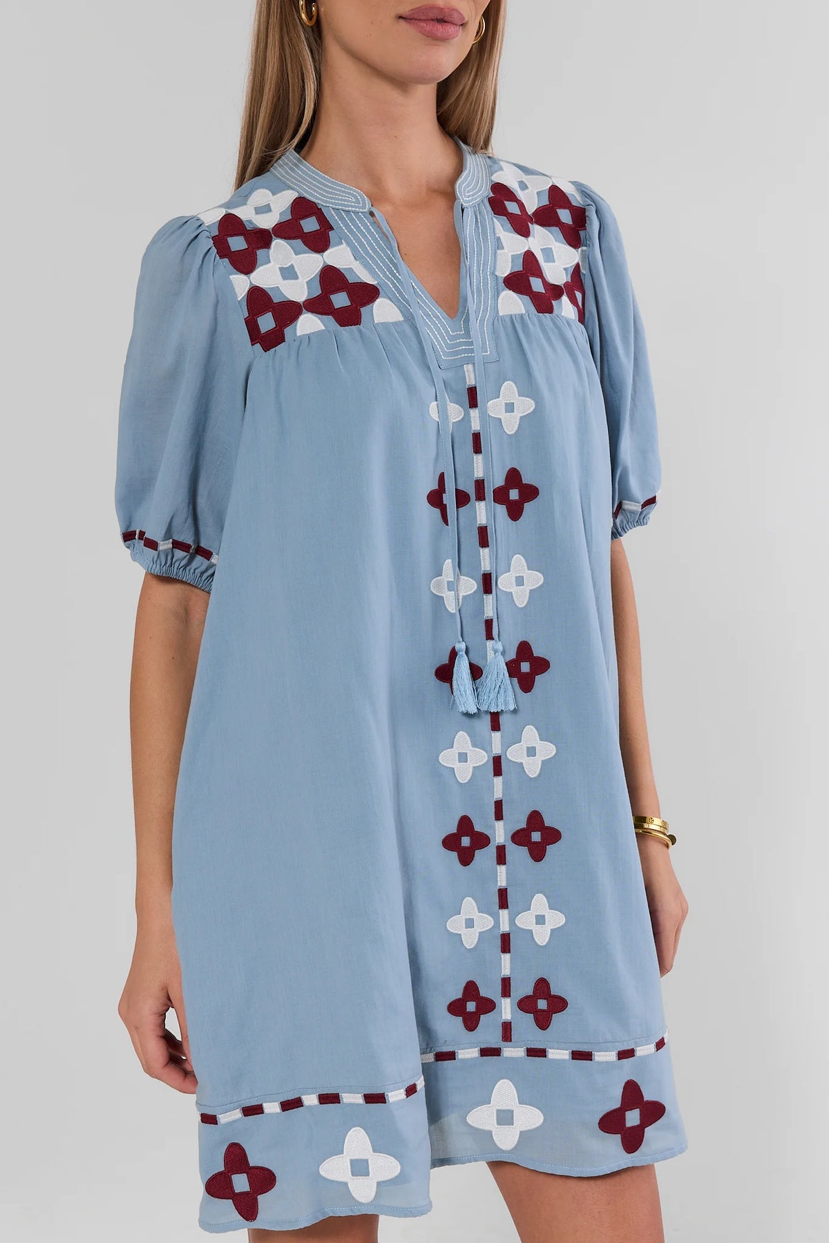 Light Blue Embroidered Tassel Short Dress - Three-Quarter On Model Side View | Avara