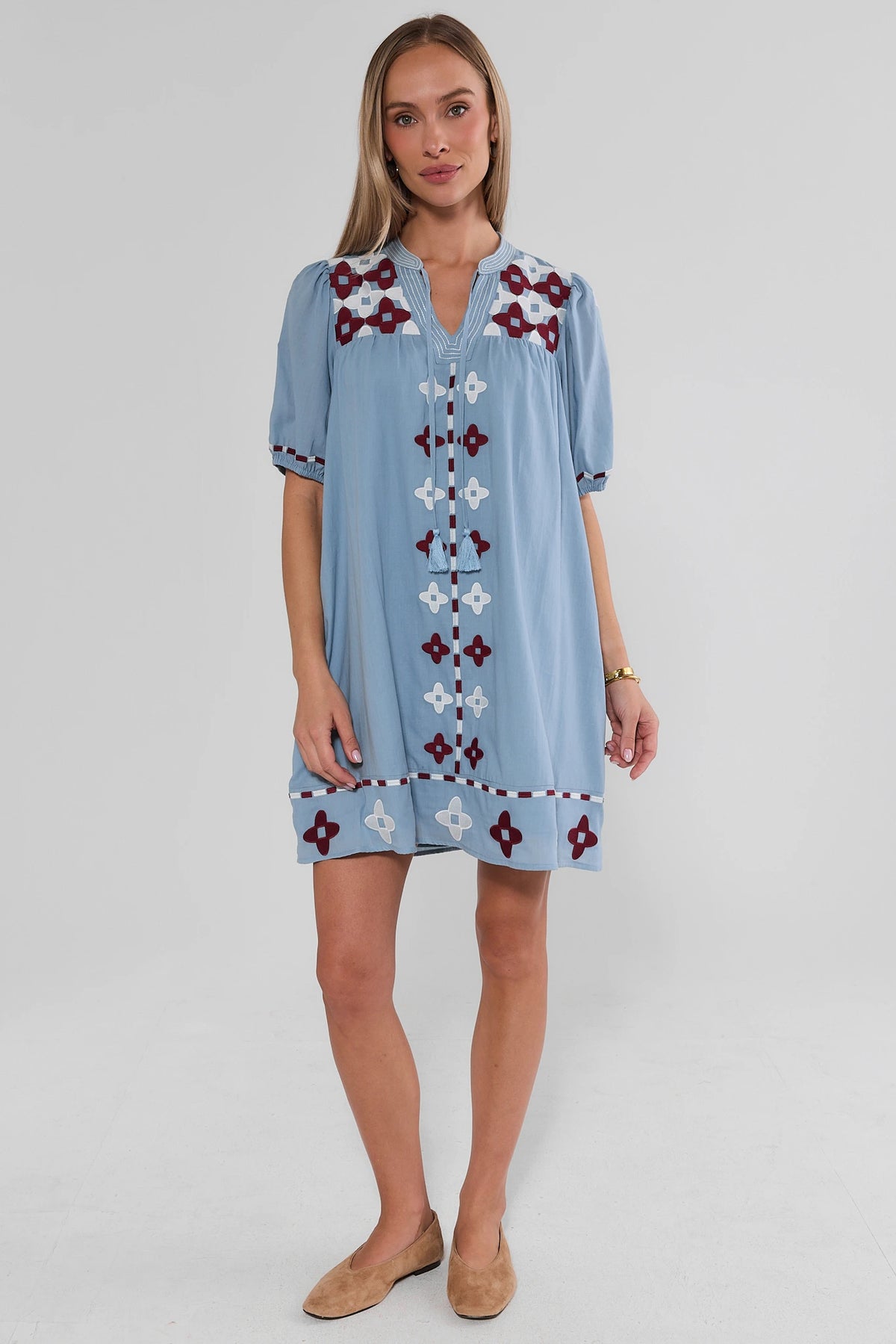 Light Blue Embroidered Tassel Short Dress - Full Length Front On Model | Avara