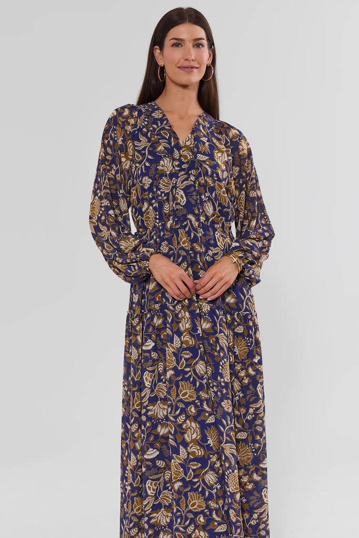 Navy Floral Print Long Sleeve Maxi Dress - Front View On Model | Avara