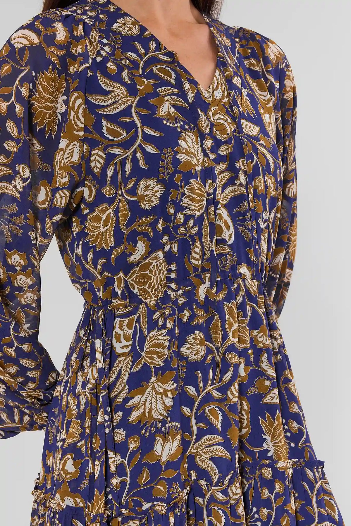 Navy Floral Long Sleeve Maxi Dress - Tie-Neck & Print Close-Up Detail | Avara