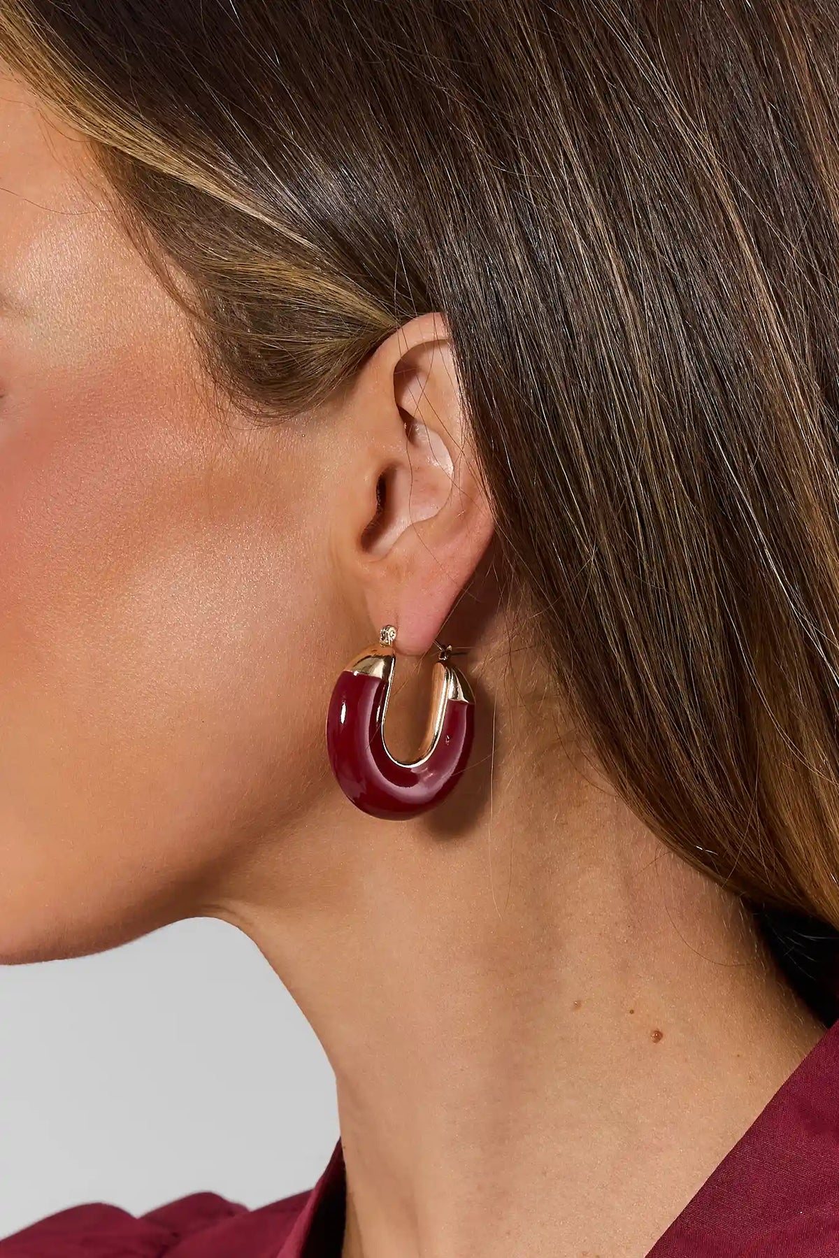Burgundy Hoop Earrings with Gold Hardware - On Model Side Profile | Avara