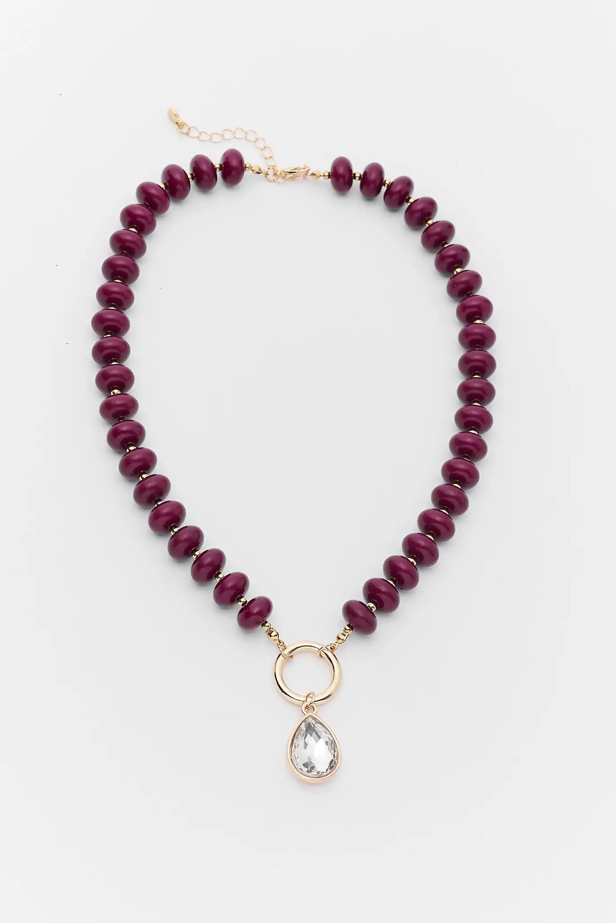 Burgundy Beaded Rhinestone Charm Necklace - Flat Lay | Avara