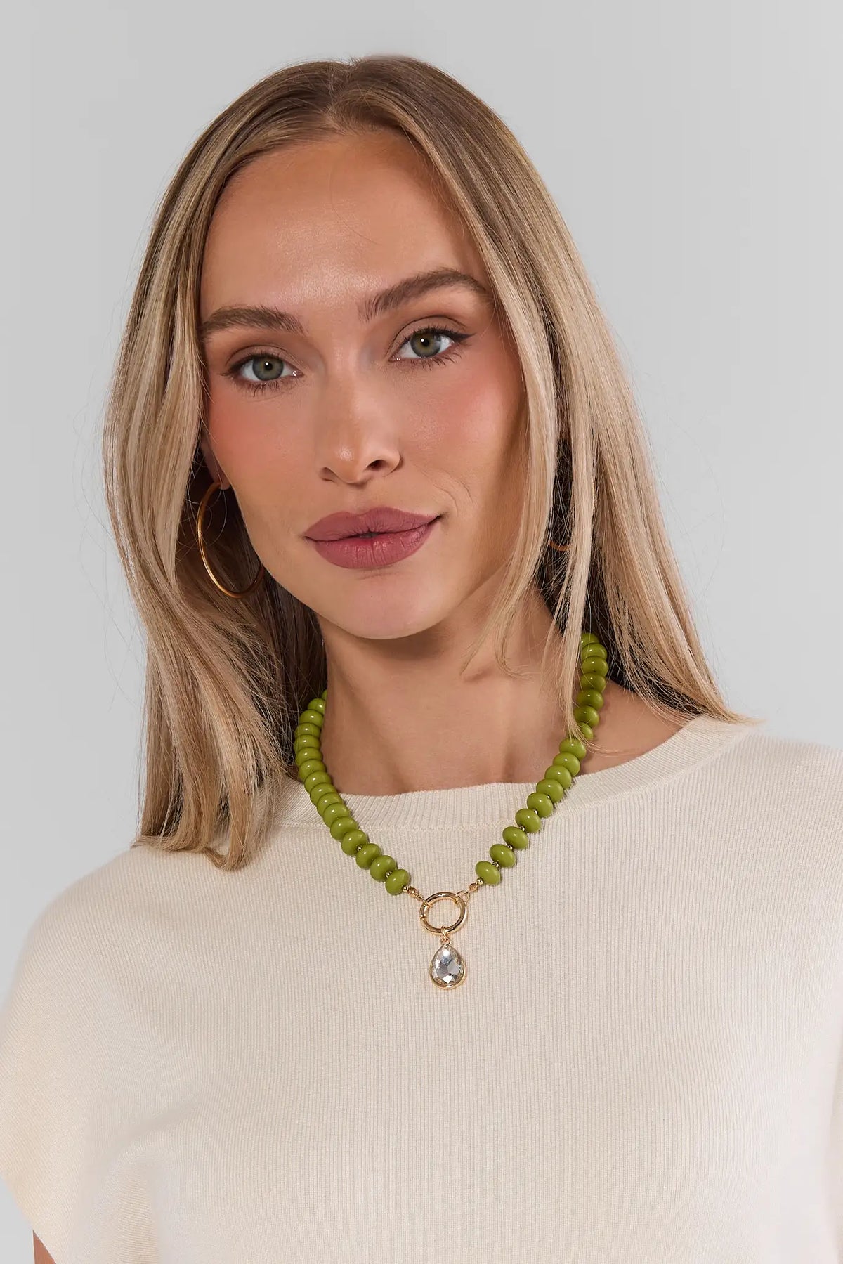 Olive Green Beaded Rhinestone Charm Necklace - On Model Front View | Avara