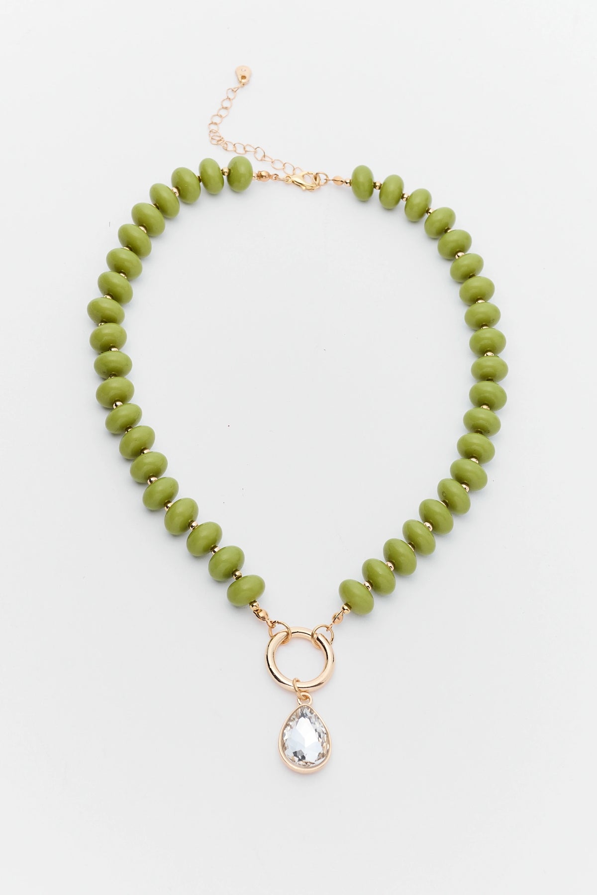 Olive Green Beaded Rhinestone Charm Necklace - Flat Lay | Avara