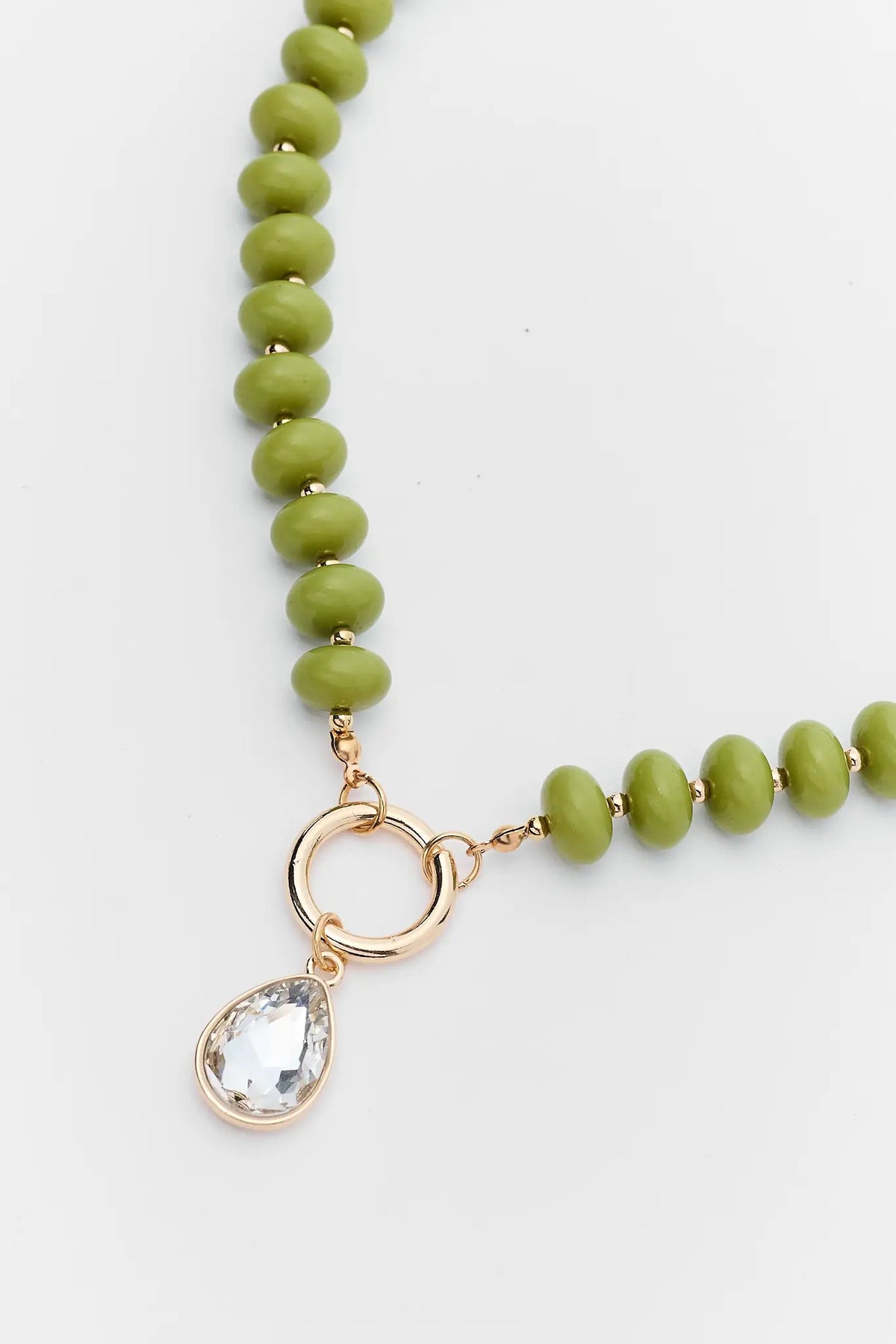 Olive Green Beaded Necklace Gold Teardrop Rhinestone Charm - Close-Up Detail | Avara