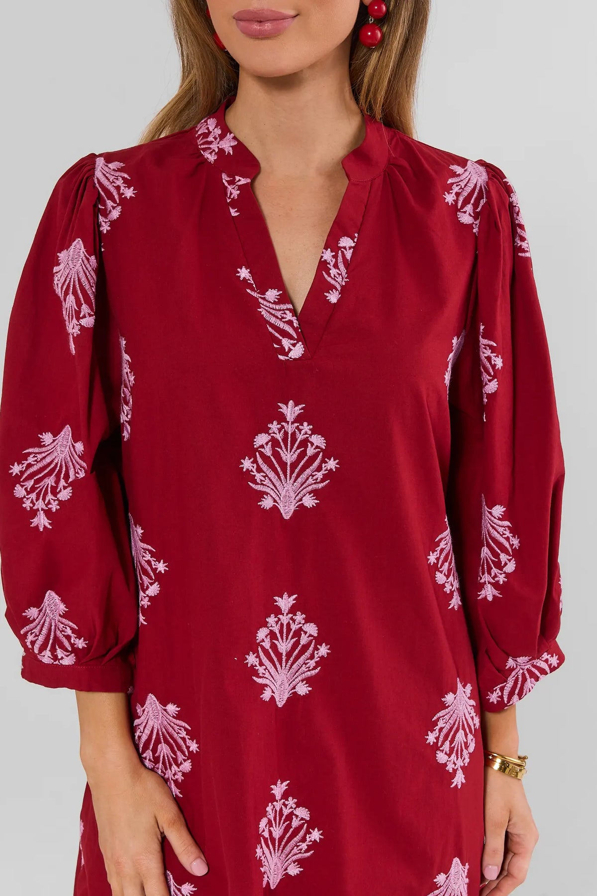 Burgundy Embroidered Split Neck Dress - Neckline & Embroidery Close-Up | Avara