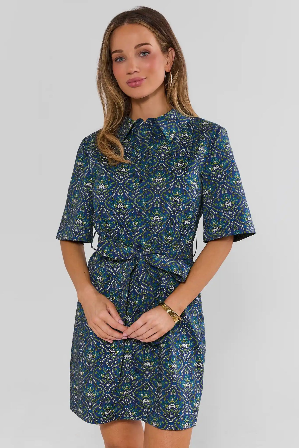 Allison Navy Printed Short Dress - Front View On Model, Tie Waist, Collared Shirtdress | Avara