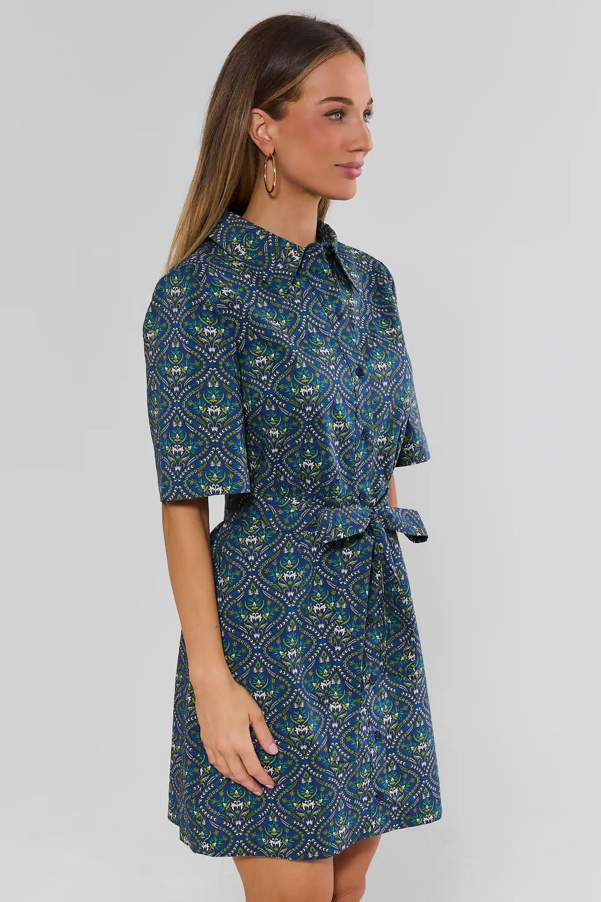 Allison Navy Printed Short Dress for Women - Side Profile View, Tie Waist and Short Sleeve Detail | Avara