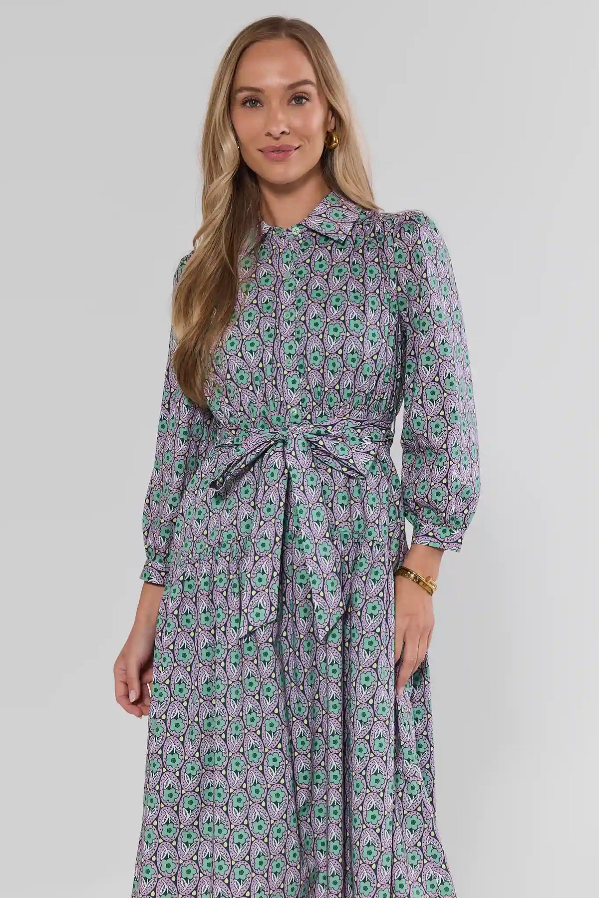 Green Floral Printed Collared Midi Dress - Front Crop Detail, Tie Waist | Avara