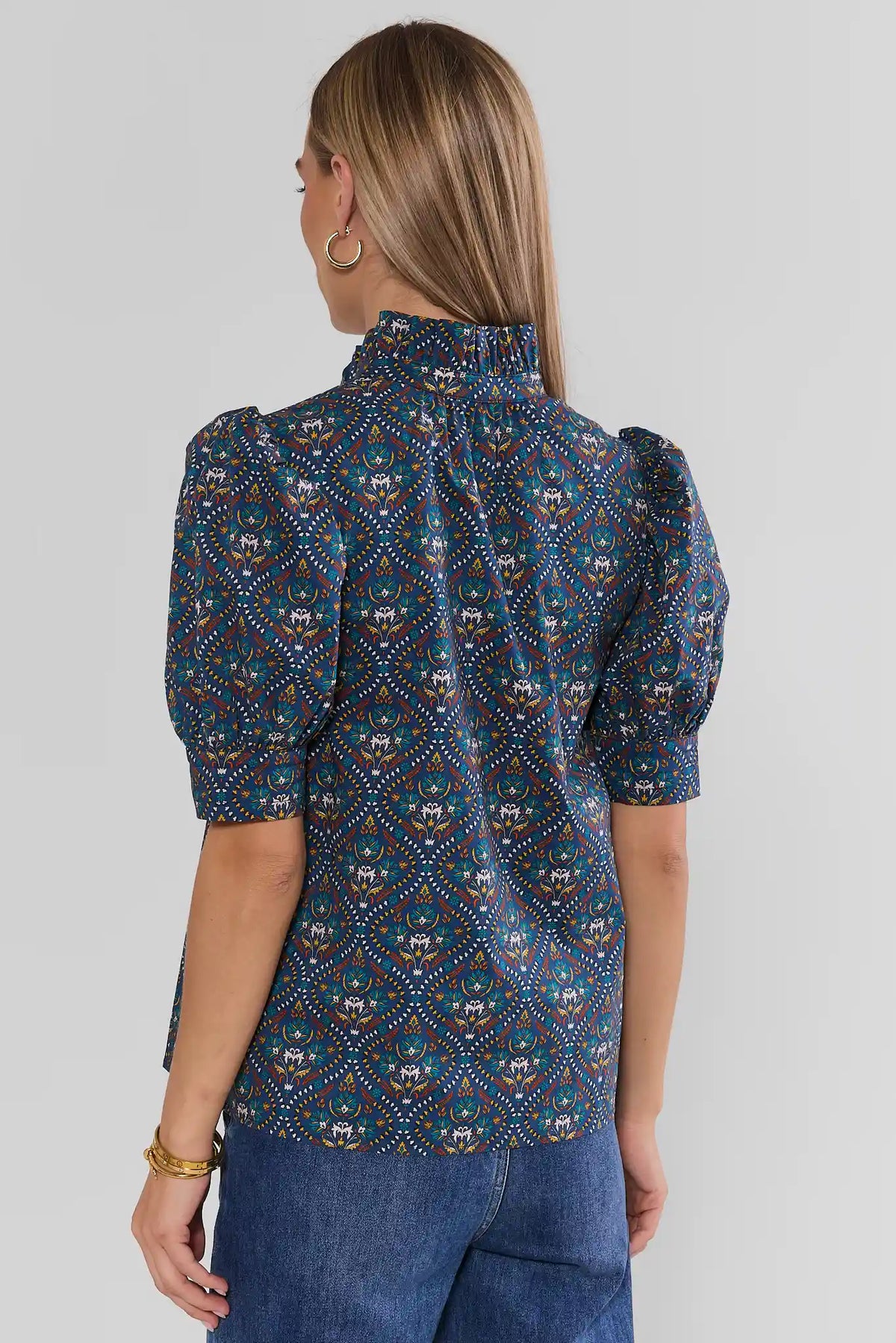 Navy Printed Split Neck Top - Back View Showing Ruffle Collar & Puff Sleeve Detail | Avara