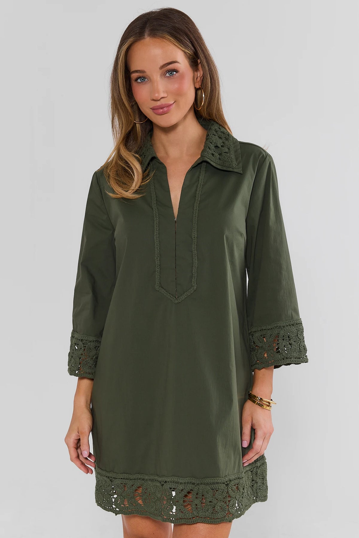 Olive Green Crochet Trim Tunic Dress - Front View On Model | Avara