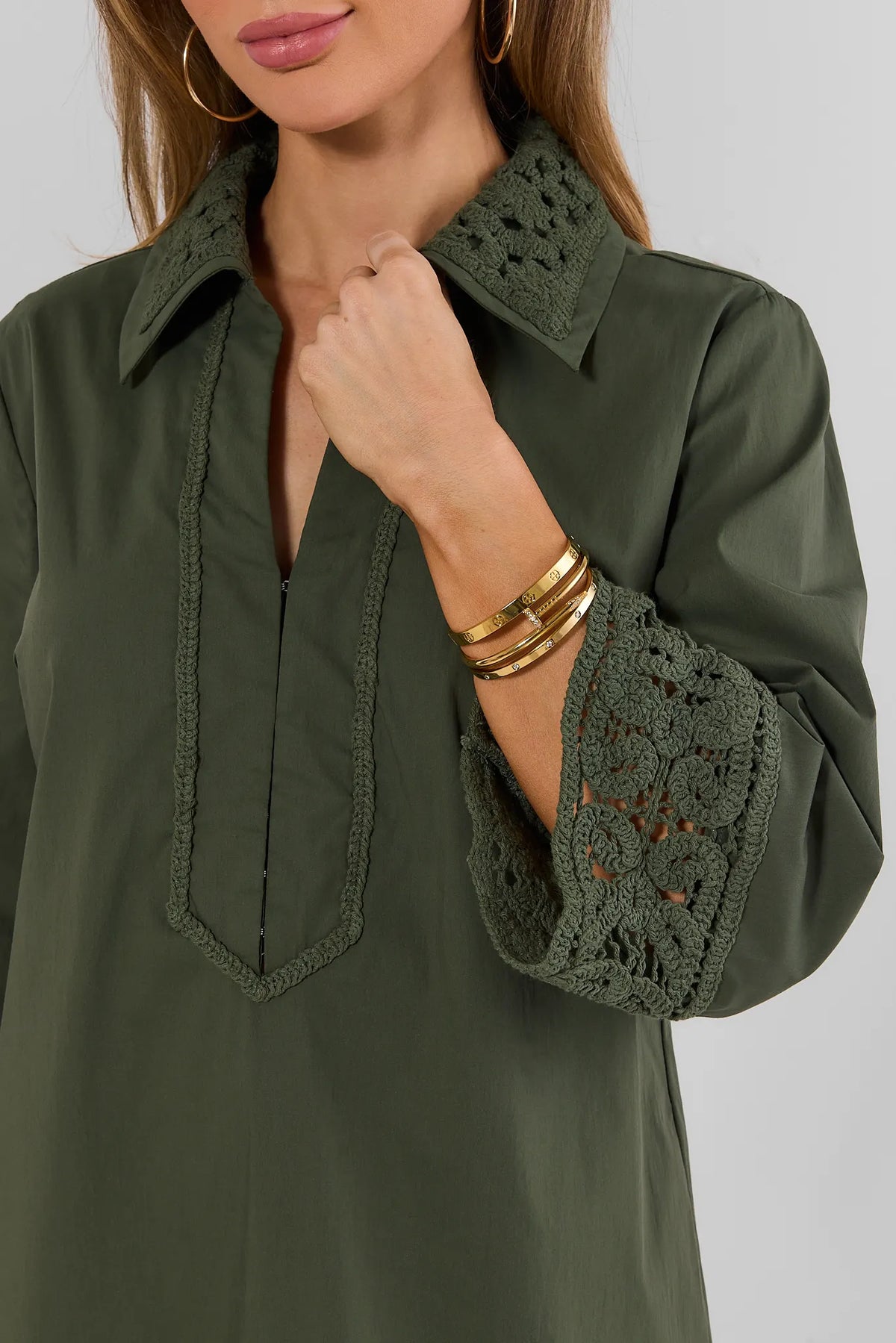 Olive Green Crochet Trim Dress - Collar and Cuff Detail Close-Up | Avara