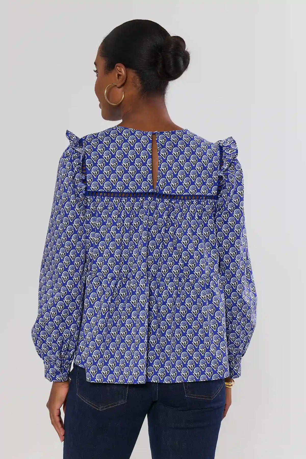 Blue Floral Ruffle Top - Back View Showing Keyhole & Shoulder Ruffle Detail | Avara