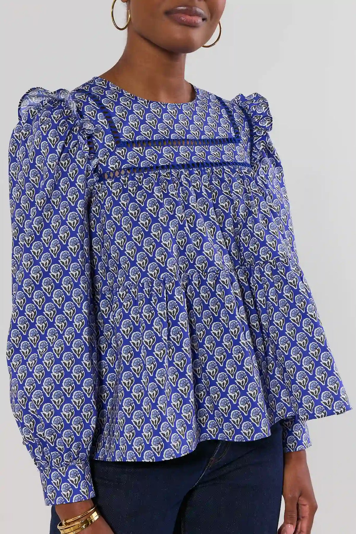 Blue Floral Ruffle Detail Top - Front Close-Up, Lace Trim & Shoulder Ruffle | Avara