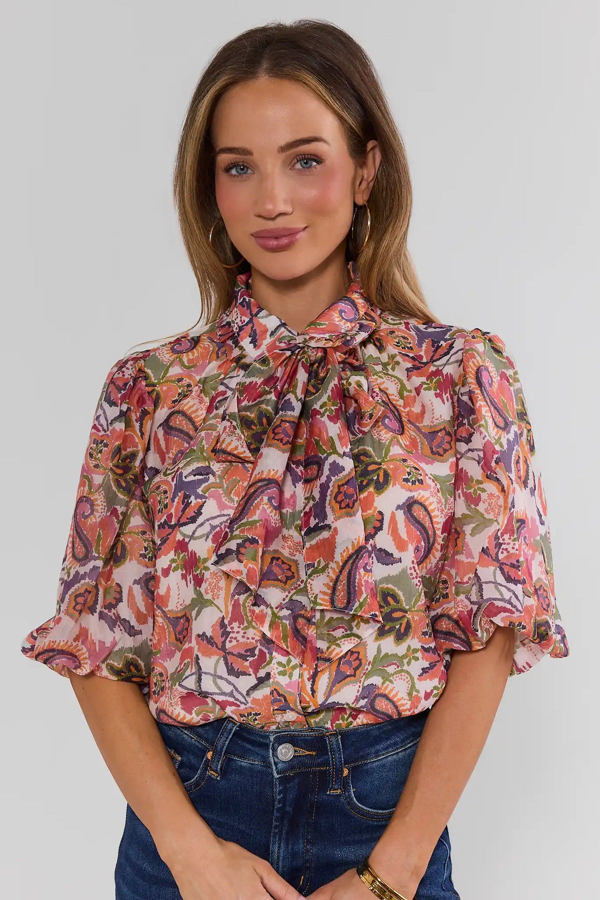 Multi Paisley Print Puff Sleeve Top - Front View on Model with Denim | Avara