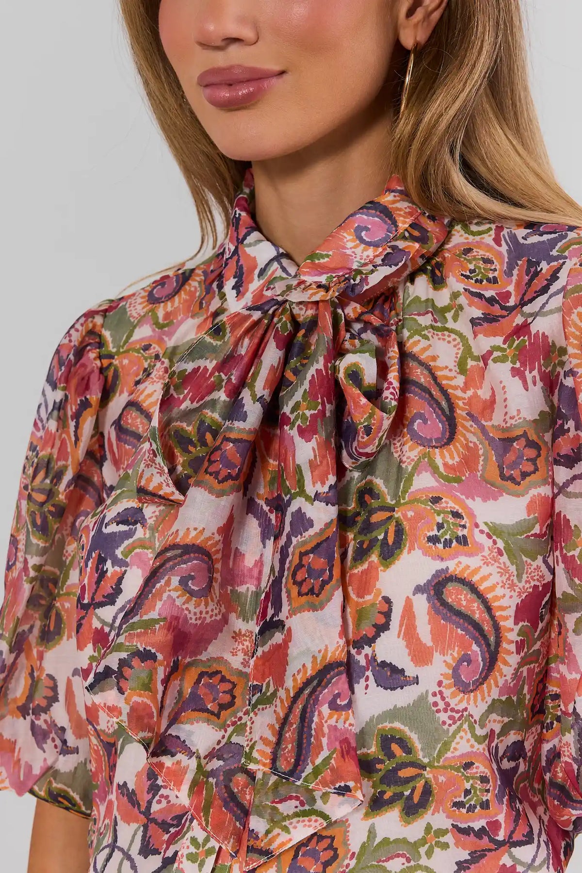 Multi Paisley Print Top - Close-Up Tie Neck and Print Detail | Avara