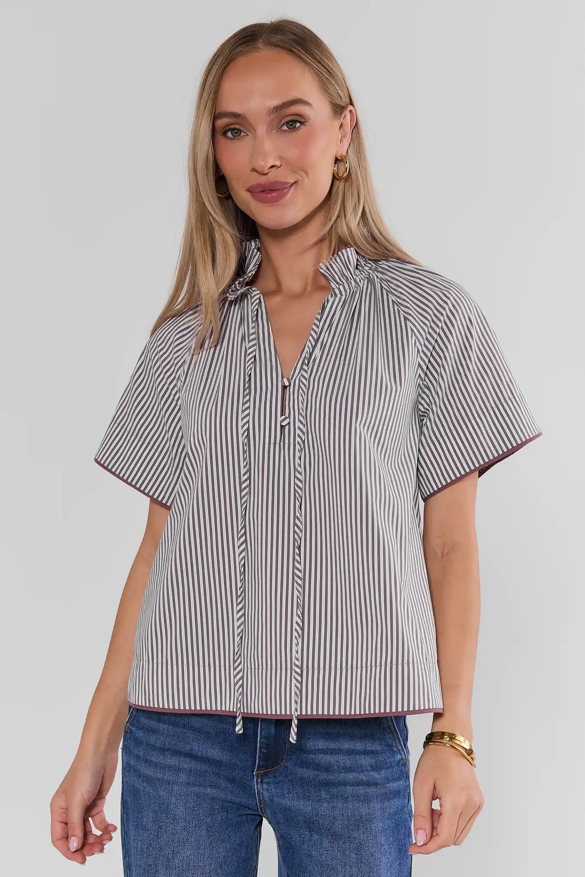 Mocha Striped Split Neck Top - Front View, Styled with Denim | Avara