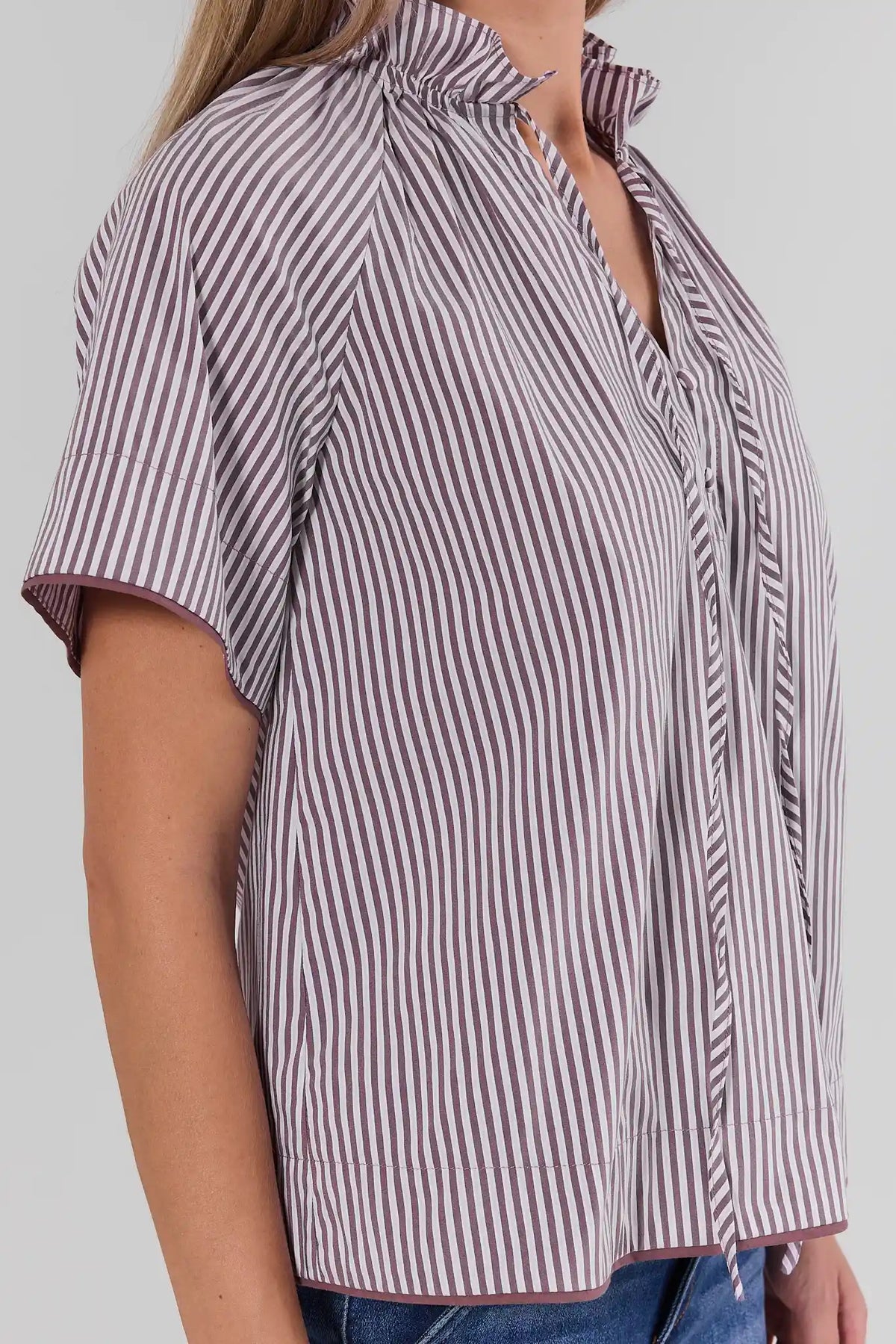 Mocha Striped Split Neck Top - Side View, Ruffle Neck Detail | Avara