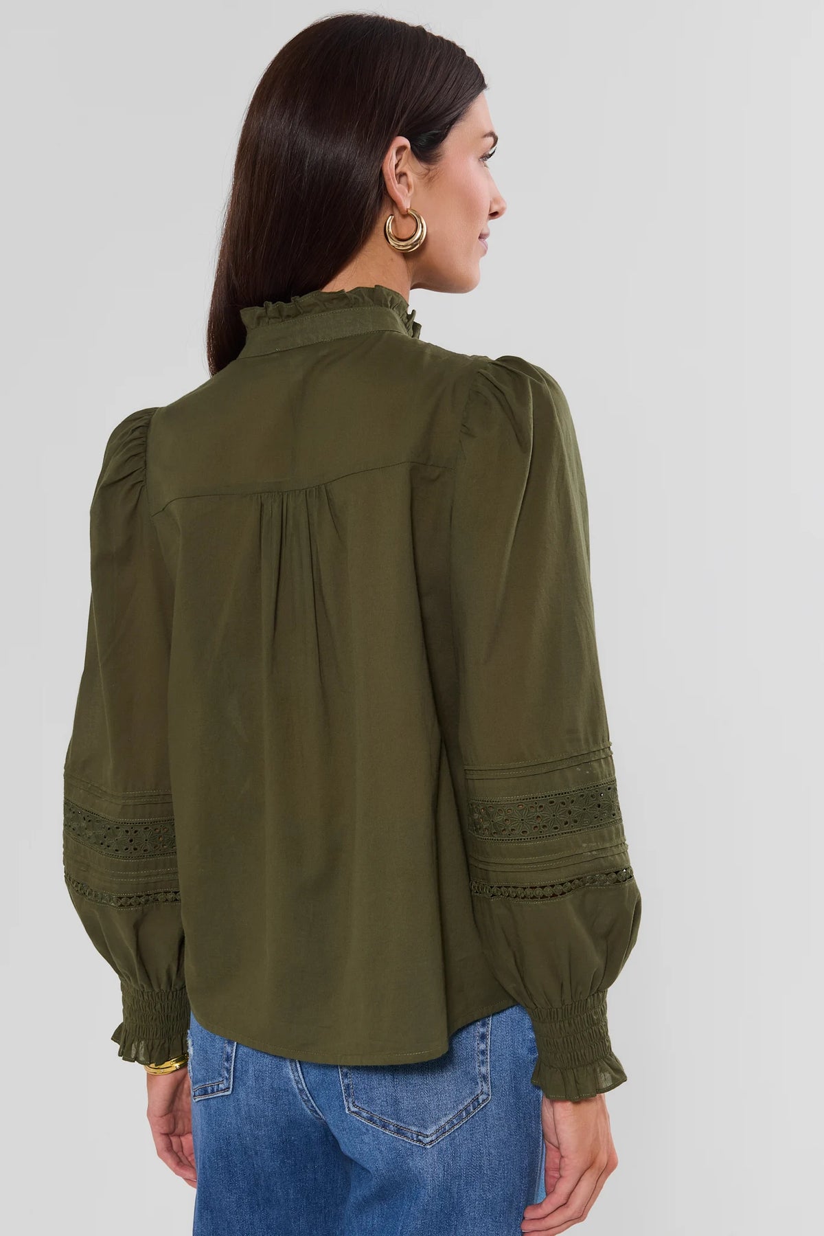 Olive Green Lace Detail Button-Up Top - Back View Showing Ruffle Collar and Eyelet Sleeve Detail | Avara